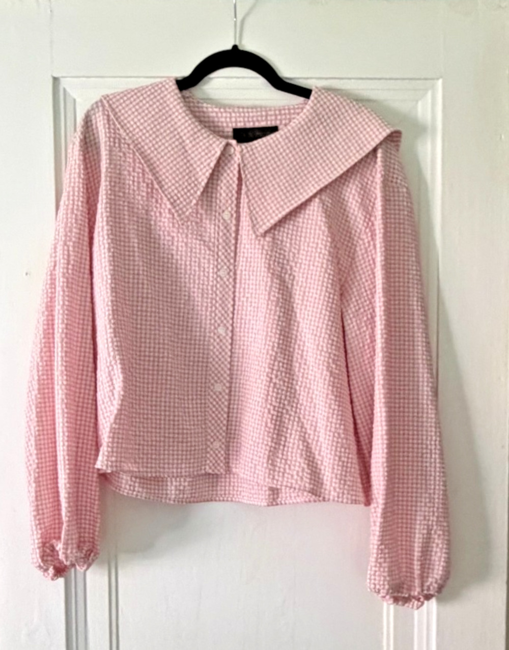 Zara Pink Gingham Seersucker Button Down with Oversized Collar & Puffed Sleeves